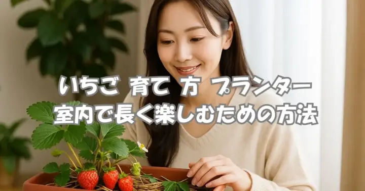 プランターでいちごを育てる女性と育て方を紹介するアイキャッチ画像