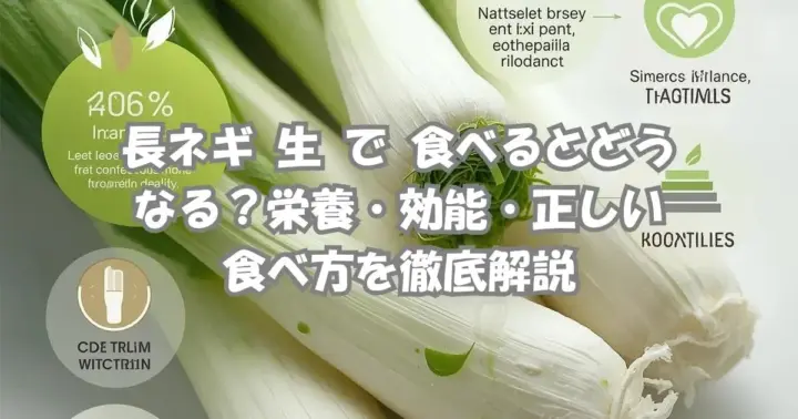 長ネギを生で食べるメリットと甘くするコツを紹介する記事のアイキャッチ画像。新鮮な長ネギと解説テキストがデザインされた写真。
