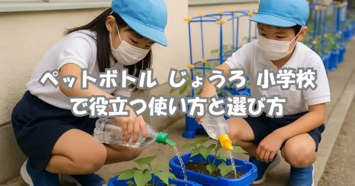 小学生がペットボトルじょうろを使ってプランターに水やりをしている様子