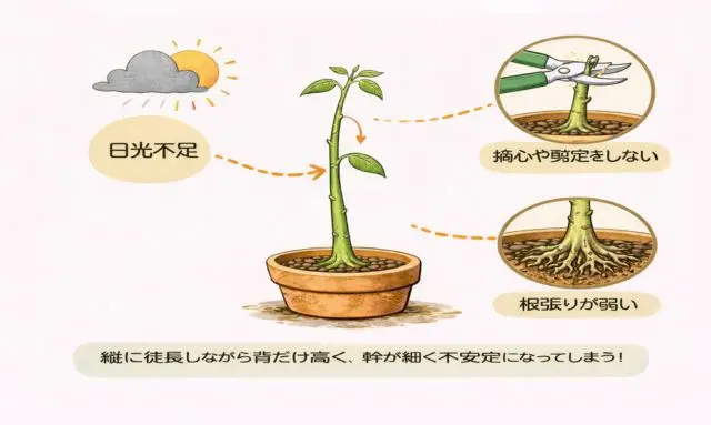アボカドがひょろひょろに成長する日光不足と剪定不足による原因図