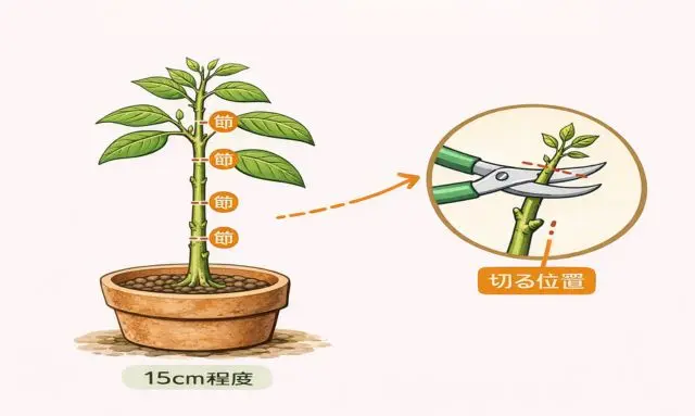 アボカド剪定で切る位置と節の関係を示した図解