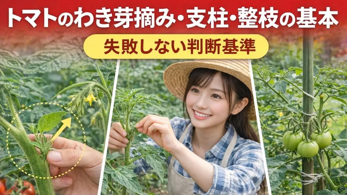 トマトのわき芽摘み・支柱立て・整枝を正しく行っている様子
