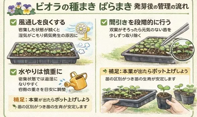 ビオラの種まきをばらまきで行った後の管理方法をまとめた図解イラスト