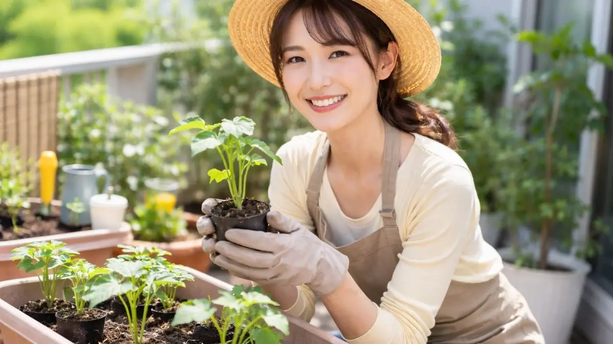 オクラの苗をプランターで育てる日本人女性が日当たりの良い場所で苗の状態を確認している様子