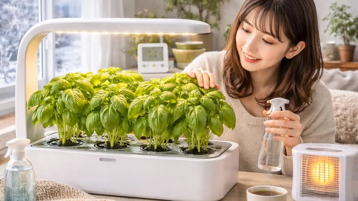 冬の室内でLEDライトを使いバジルを管理している様子