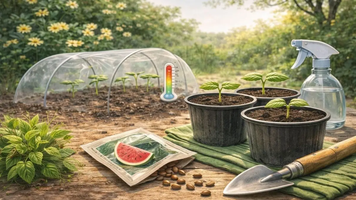 スイカの種をポットにまき、発芽に適した温度と水分環境で管理している様子