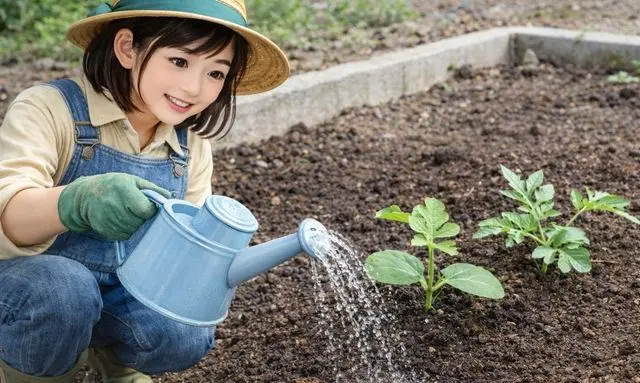 スイカの苗に適切な水やりを行う日本人女性の家庭菜園の様子