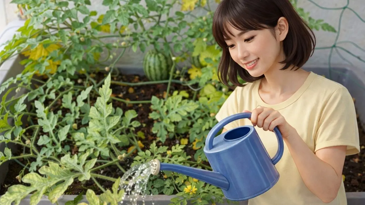 プランター栽培のスイカに水やりをしている日本人女性