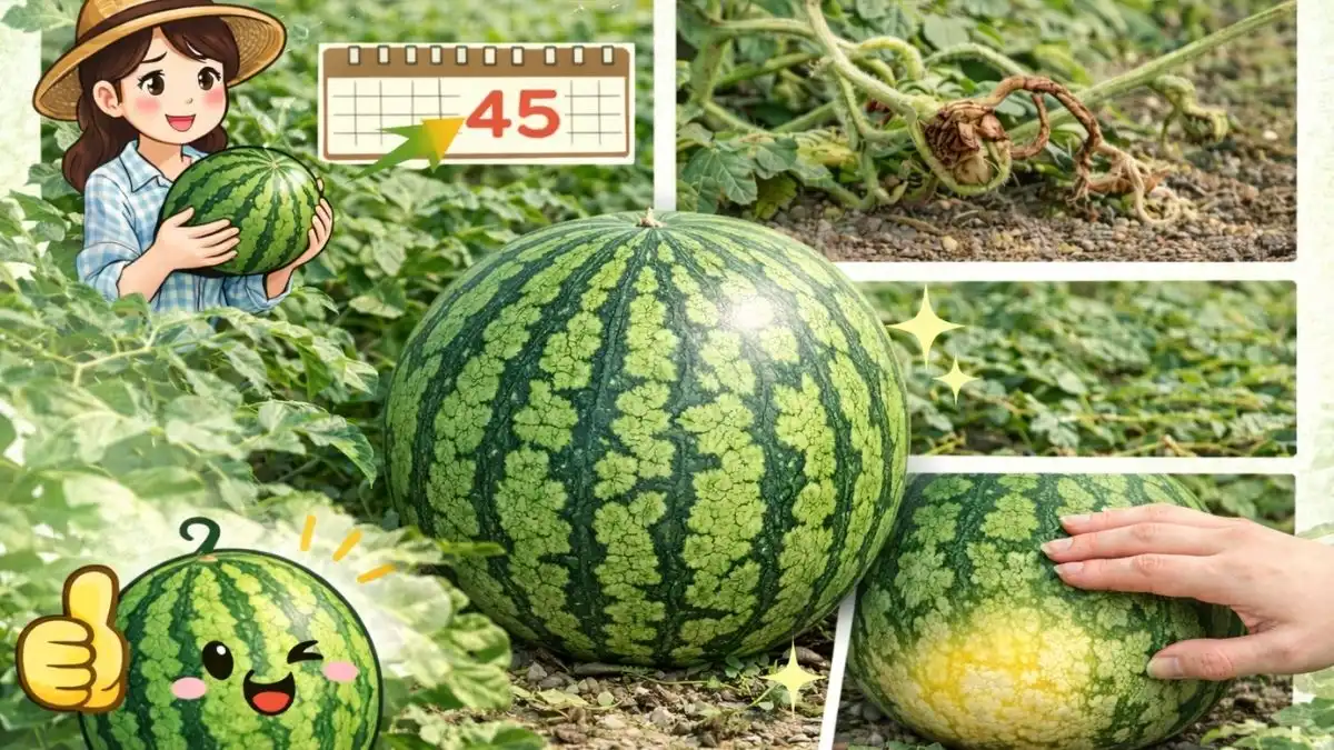 スイカの収穫時期を見分けるための判断サインをまとめた家庭菜園の写真