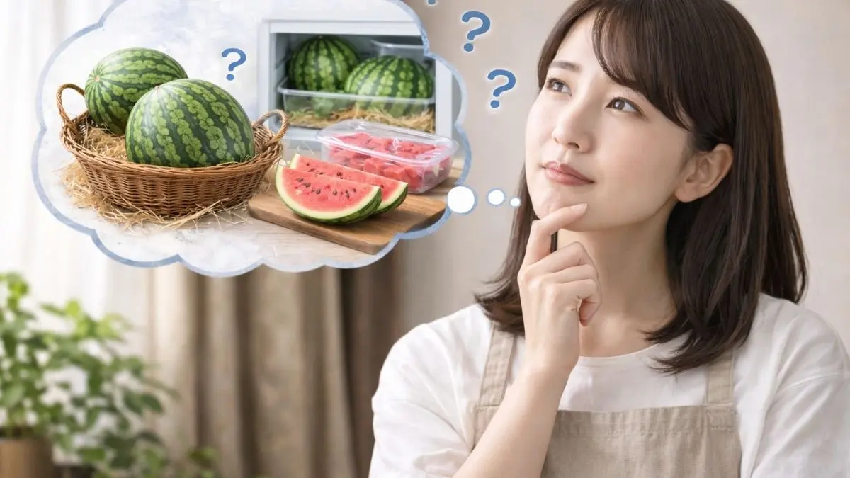 スイカの収穫後の保存方法を考えている日本人女性