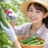 家庭菜園できゅうりを適切なタイミングで収穫している日本人女性の様子