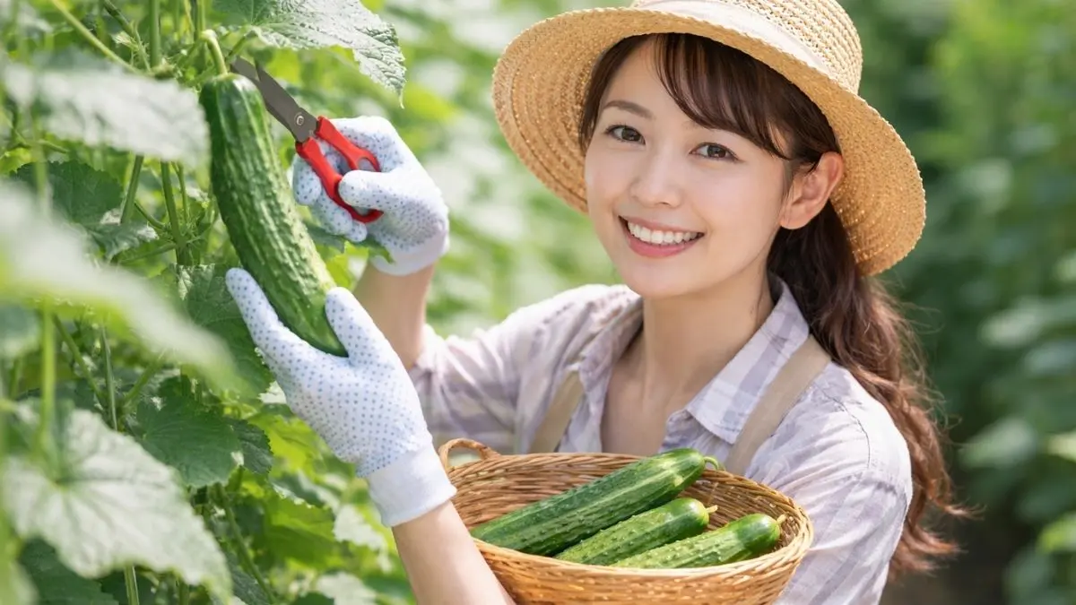 家庭菜園できゅうりを適切なタイミングで収穫している日本人女性の様子