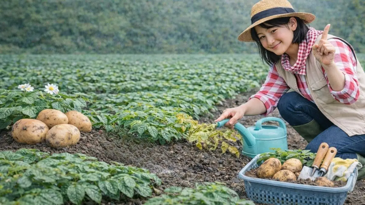 じゃがいも栽培で水やりを行う女性の様子 植え付けから収穫までの管理イメージ