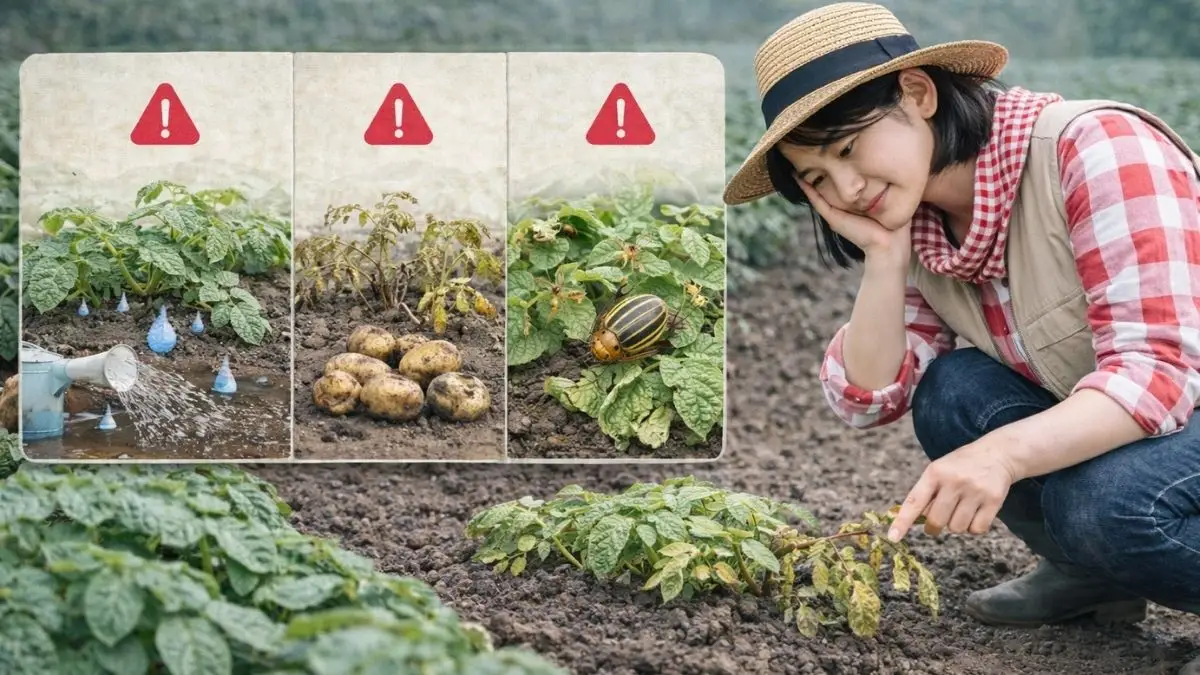 じゃがいも栽培で生育不良に悩む女性 初心者が失敗しやすい管理トラブルの例