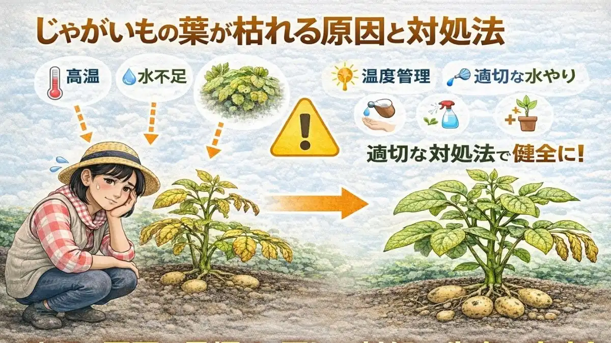 じゃがいもの葉が黄色く枯れ始め、原因を確認している日本人女性の家庭菜園の様子