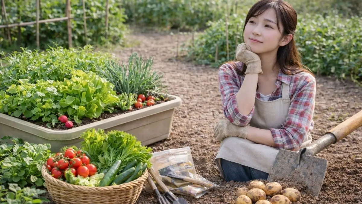 じゃがいもの後作に適した野菜を畑で確認する日本人女性