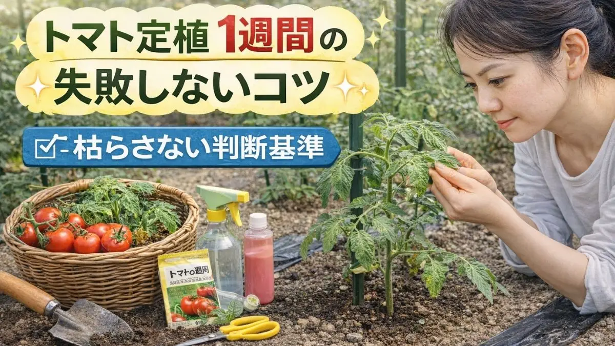 トマトを定植して1週間後の苗の状態を確認し、水やりや環境管理を行う家庭菜園の様子