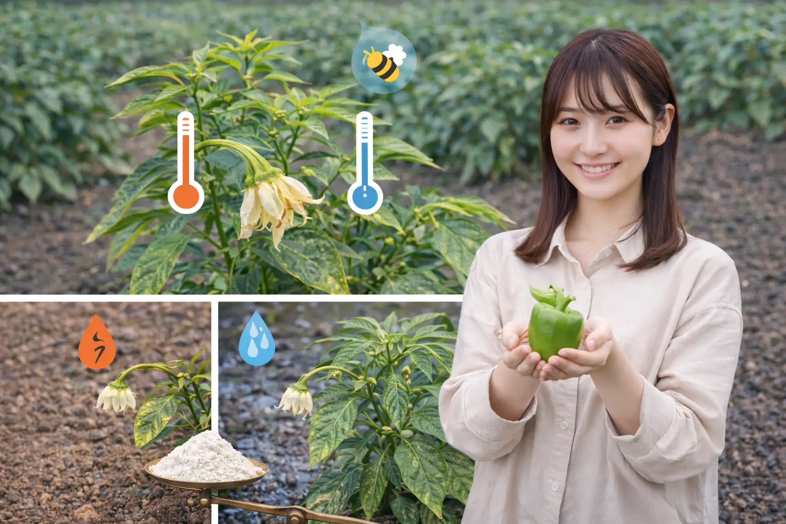 ピーマンの実がならない原因を畑で観察する女性｜花落ち・着果不良の症状例