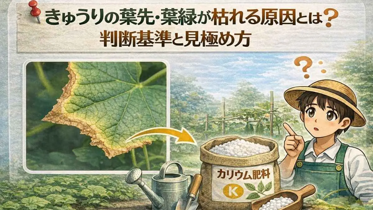 きゅうりの葉先や葉縁が枯れる症状の例と原因を見極めるための判断ポイント