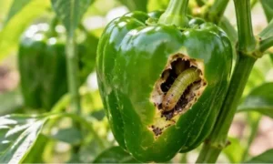 家庭菜園の緑色のピーマンに害虫の幼虫が入り込み、果実に食害による穴が開いた様子。