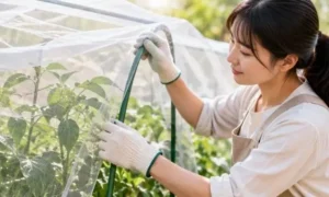 日本人女性が家庭菜園のピーマンに白い防虫ネットを設置し、害虫の侵入を防ぐ作業の様子。