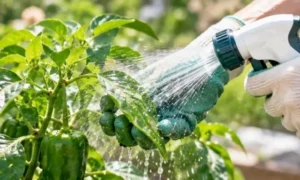 家庭菜園で手袋を着けた人がピーマンの葉に水をかけ、害虫を洗い落とす作業のイメージ画像。