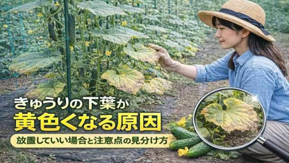 きゅうりの下葉が黄色くなる原因を確認している日本人女性と生育中の株の様子