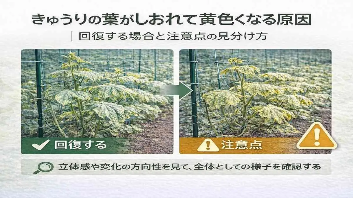 きゅうりの下葉がしおれて黄色くなり、回復する場合と注意が必要な状態を比較している様子
