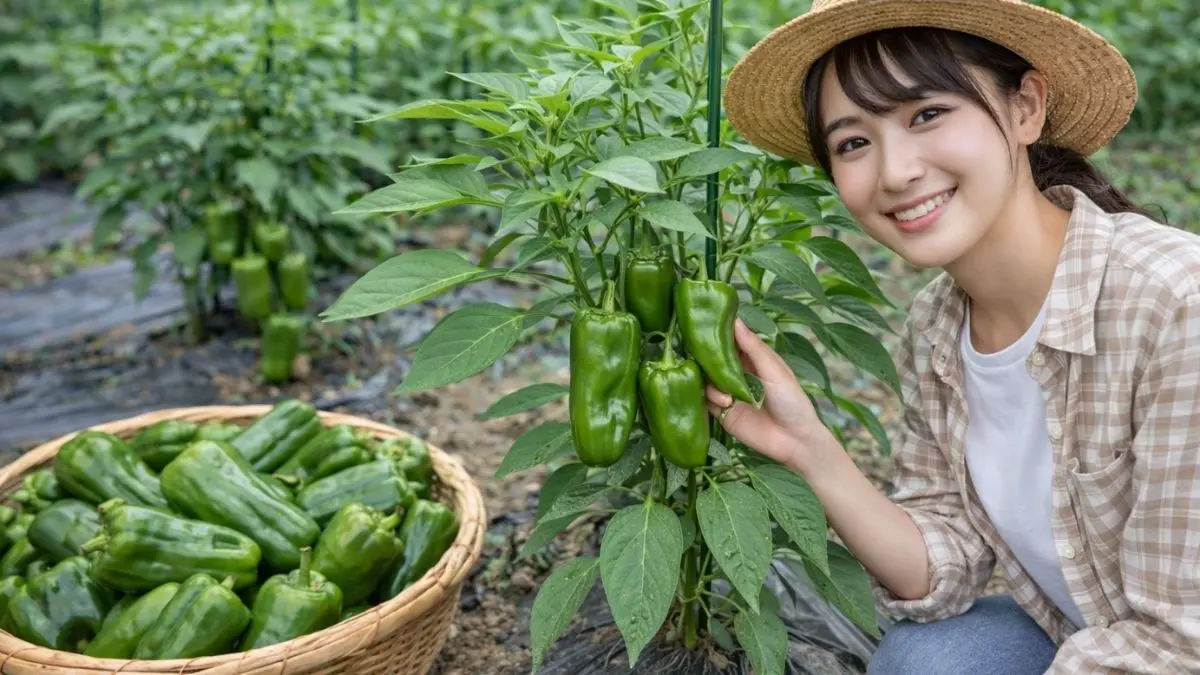 ピーマンの収穫方法を確認する日本人女性と家庭菜園のピーマン