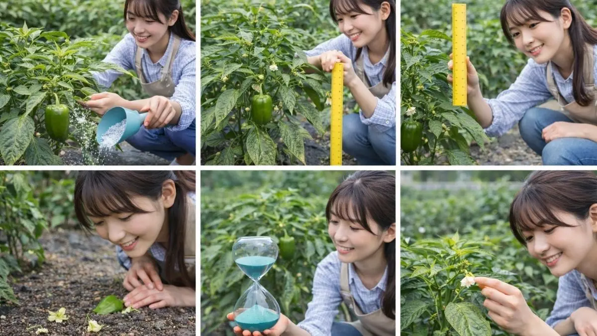 ピーマンの肥料管理を確認する日本人女性｜追肥の判断と実がならない原因を解説