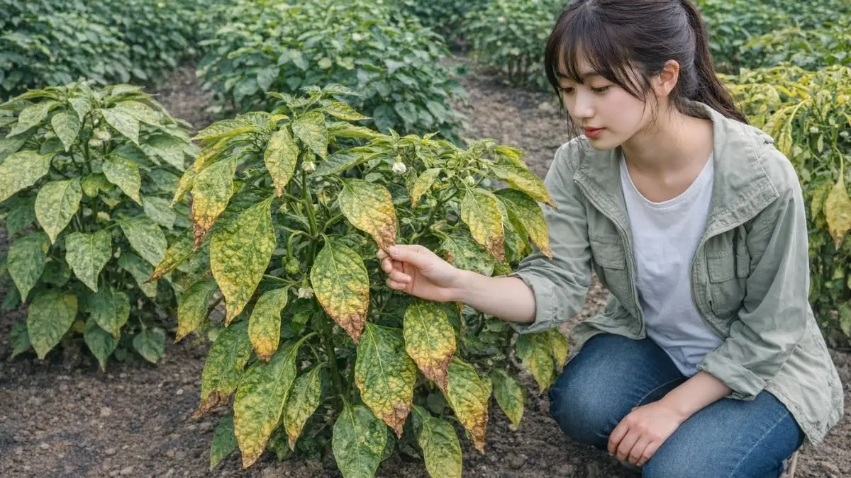 ピーマンの葉が黄色くなる症状を観察している日本人女性｜原因別の見分け方