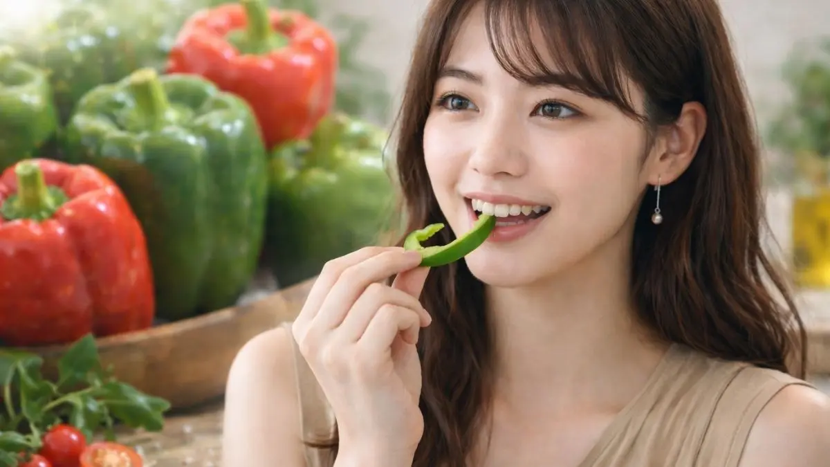 ピーマンの栄養をイメージしながら食べる日本人女性と新鮮なピーマンの写真
