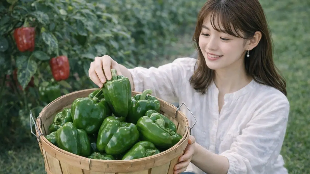ピーマンを収穫する若い日本人女性と新鮮な緑ピーマンのバスケット｜家庭菜園の収穫風景