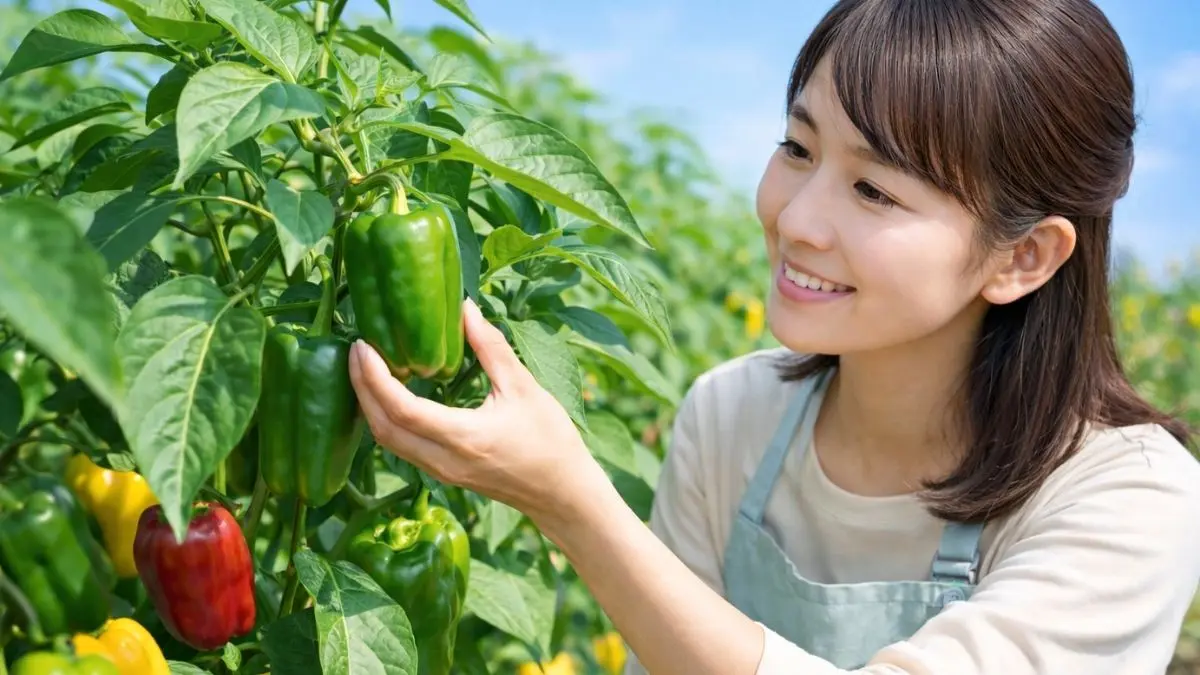 ピーマン栽培の基礎を確認する20代の女性と健康なピーマンの株