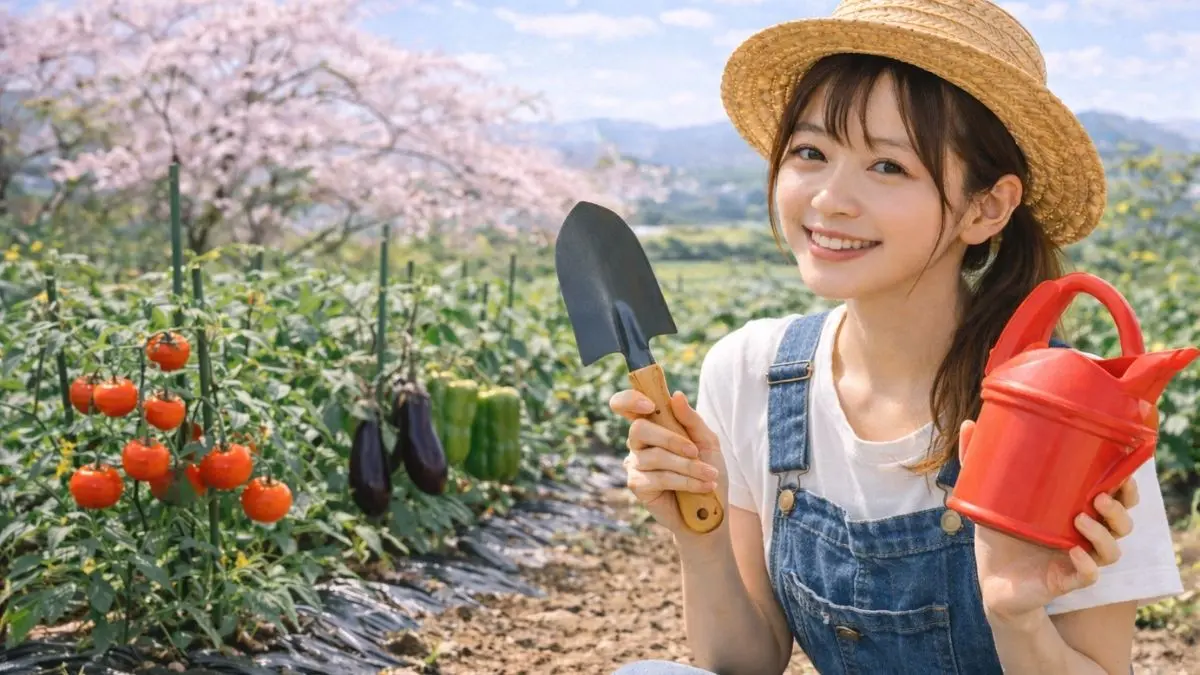 夏野菜の植え付け時期をカレンダーで確認する家庭菜園の様子（トマト・ナス・ピーマン・きゅうり）