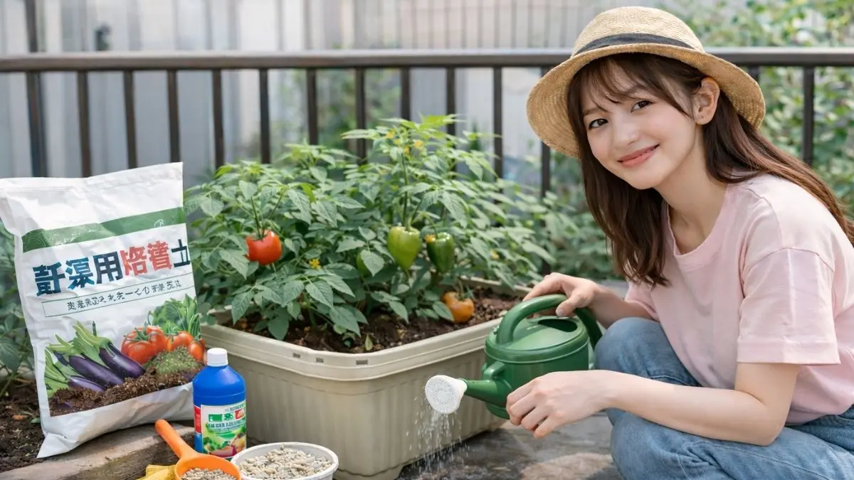 初心者向け家庭菜園の基本道具とプランターで野菜を育てる20代女性
