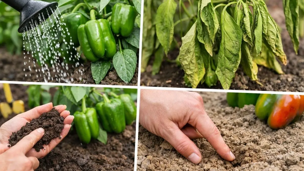 ピーマンの水やりで元気な株としおれた株、湿った土と乾いた土の違いを比較したイメージ