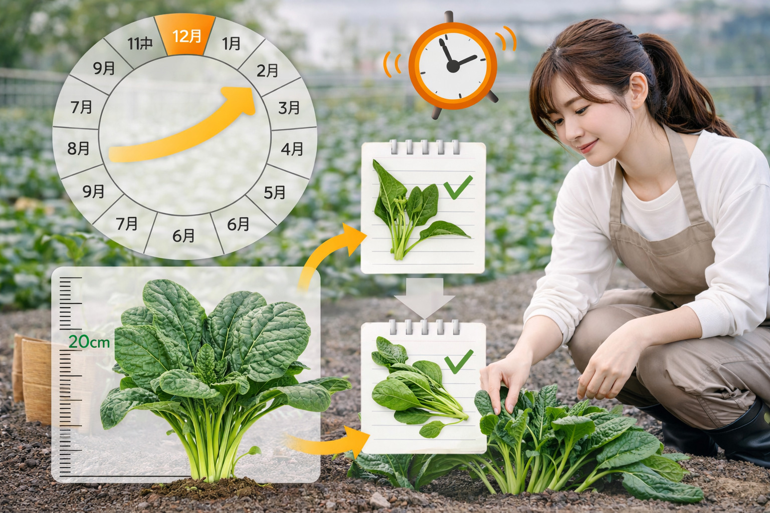 ほうれん草の収穫時期とサイズの目安を示した画像