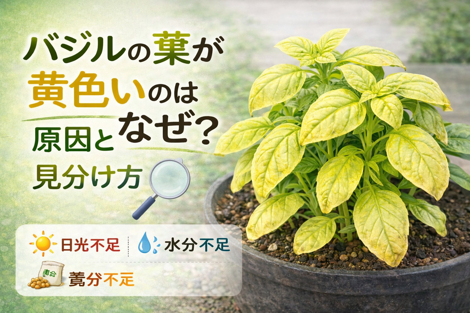 バジルの葉が黄色くなる原因を解説するイメージ｜下葉から黄色くなる症状の例