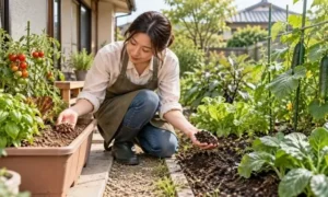 プランターの乾いた土と地植えの湿った土を手に取り、水分状態を比較する女性