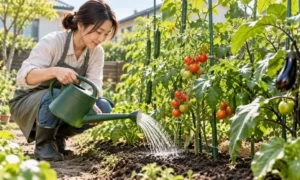 家庭菜園でトマトやナスなどの野菜の根元にじょうろで水を与える女性