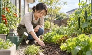 家庭菜園で野菜の株元の土に触れ、水やり前に湿り具合を確認する女性