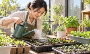日本人女性がじょうろの細かい水流で発芽した野菜の苗に優しく水やりする様子