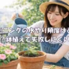 バルコニーで鉢植えに水やりをする女性のイメージ画像。ガーデニングの水やり頻度と鉢植え管理の基本を表したアイキャッチ