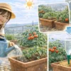 家庭菜園の水やり方法を学ぶ女性｜プランター野菜に朝の水やりをする様子