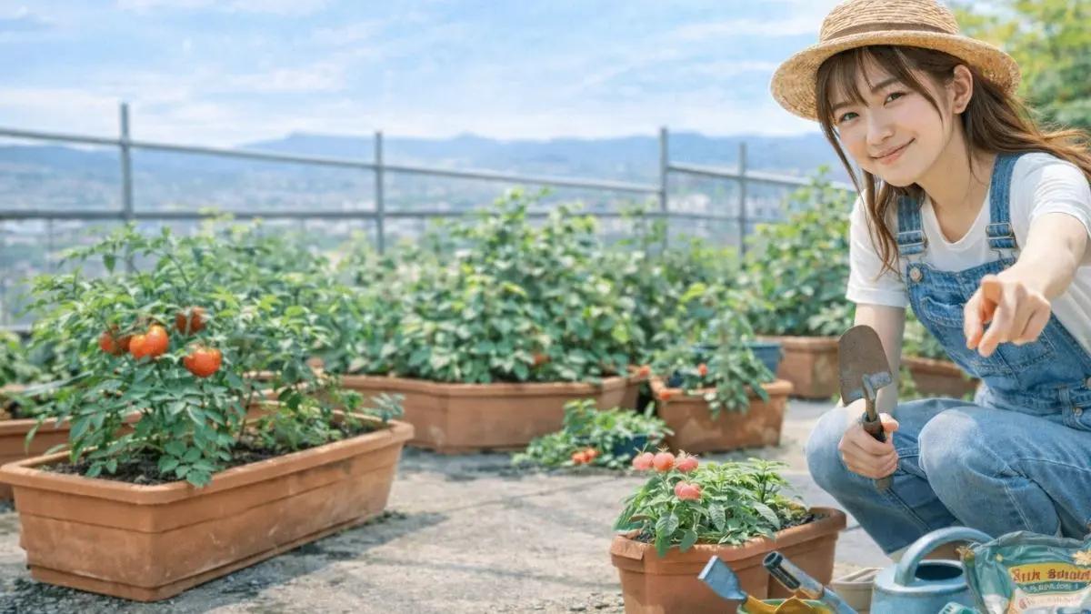 家庭菜園初心者の女性がベランダでプランター野菜を育てる様子|始め方と基本の環境づくり