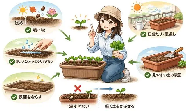 小松菜が発芽しやすくなる育て方のポイント図解 小松菜が発芽しやすくなる育て方のポイント図解