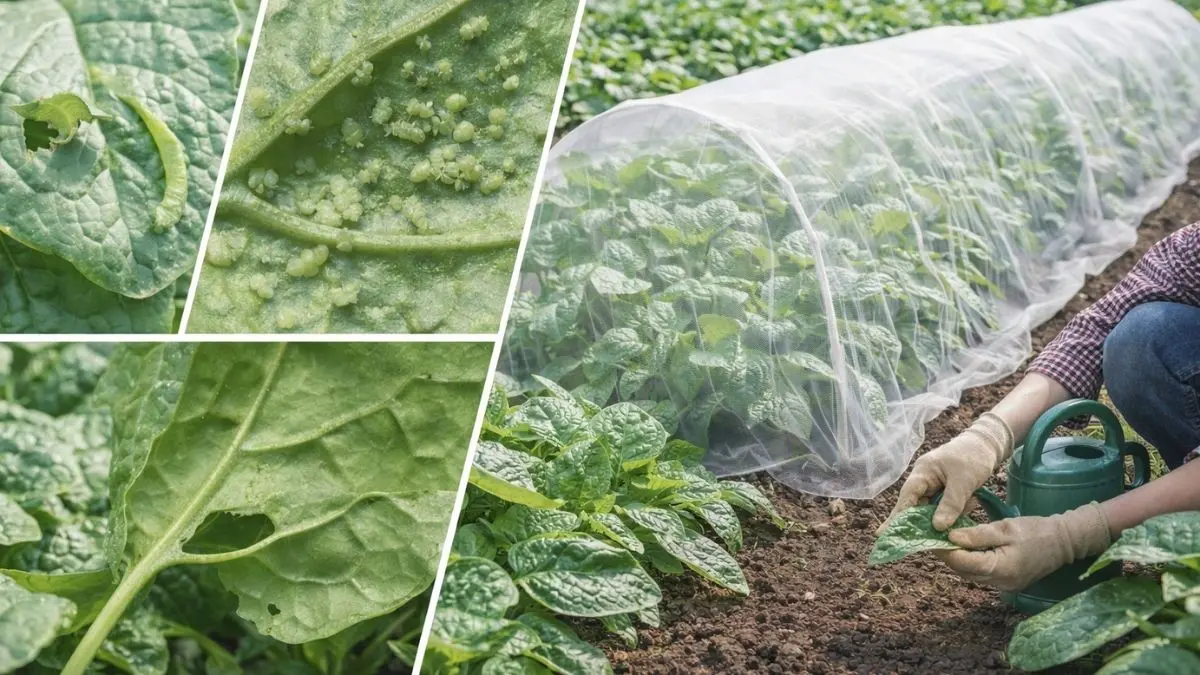 ほうれん草に発生しやすい害虫と、防虫ネットを使った予防対策を表した家庭菜園イメージ