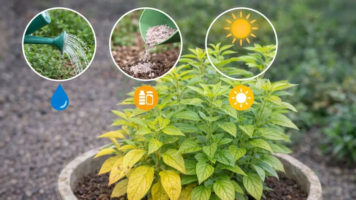 ガーデニングで葉が黄色くなる原因を、水や肥料、日当たりの違いから見分けるための植物イメージ画像