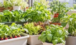 家庭菜園初心者におすすめのラディッシュ、葉物野菜、ミニトマト、ピーマン、バジルをプランターで育てている様子。